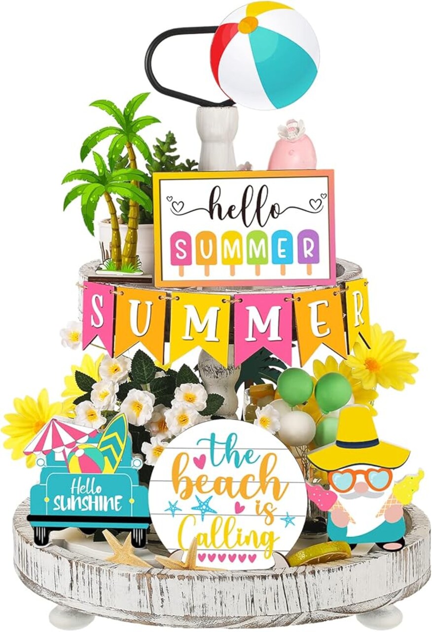 12-Piece Summer Beach Tiered Tray Decor Set - Blue & White Wooden Farmhouse Sign Bundle - Tropical Tabletop Decorations for Kitchen, Shelf, & Home Housewarming Gifts